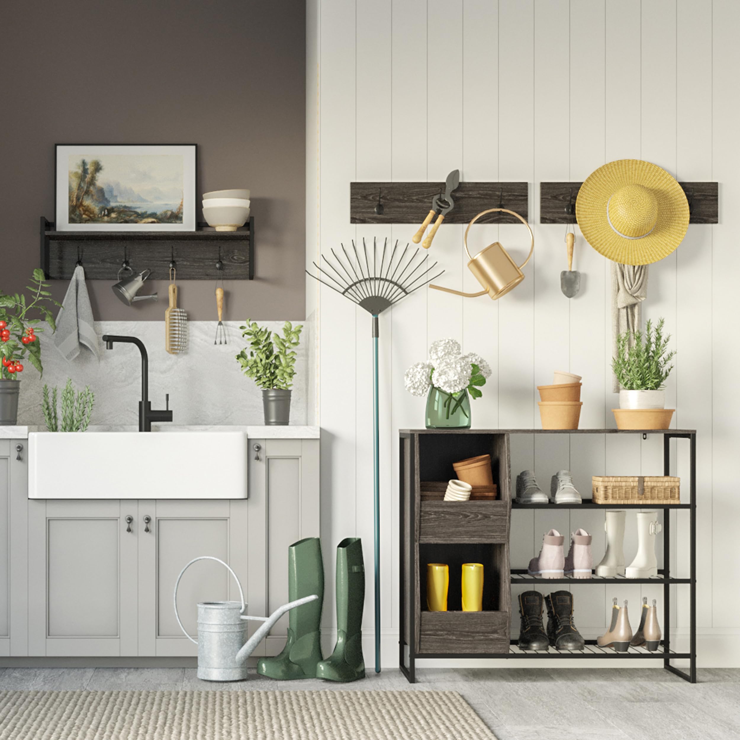 RiverRidge Afton 4-Hook Wall Mount Entryway Organizer Coat Rack Hanger - Weathered Woodgrain and Dark Brown Hooks - Image 10