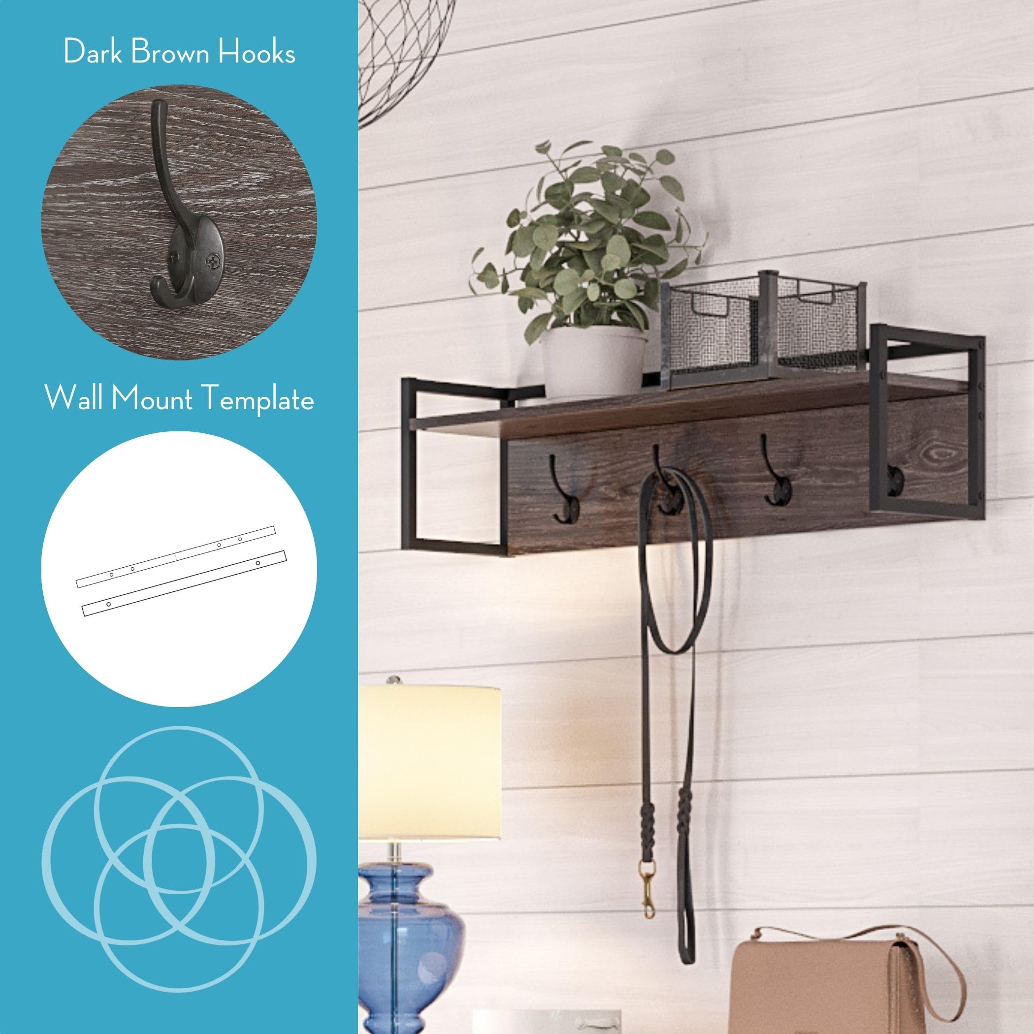 RiverRidge Afton 4-Hook Wall Mount Entryway Organizer Coat Rack Hanger - Weathered Woodgrain and Dark Brown Hooks - Image 5