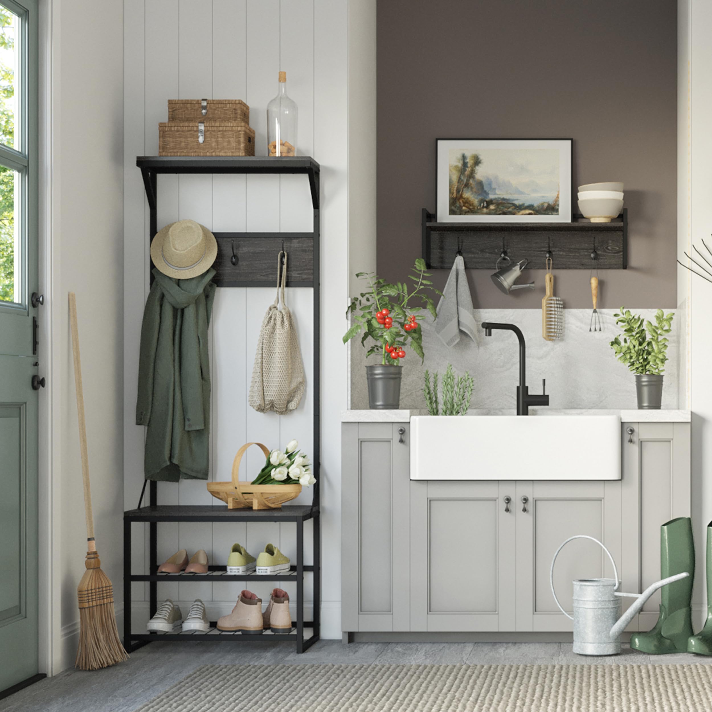 RiverRidge Afton 4-Hook Wall Mount Entryway Organizer Coat Rack Hanger - Weathered Woodgrain and Dark Brown Hooks - Image 8