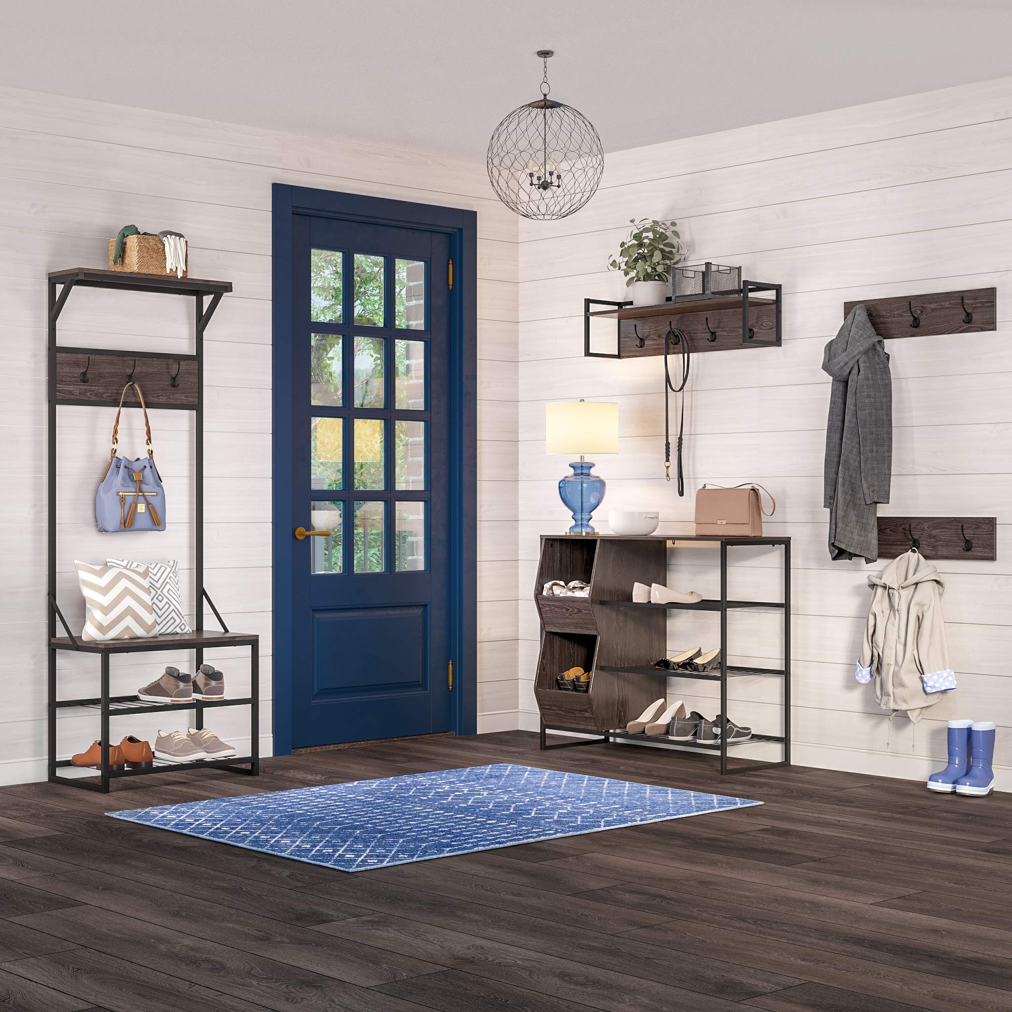 RiverRidge Afton 4-Hook Wall Mount Entryway Organizer Coat Rack Hanger - Weathered Woodgrain and Dark Brown Hooks - Image 3