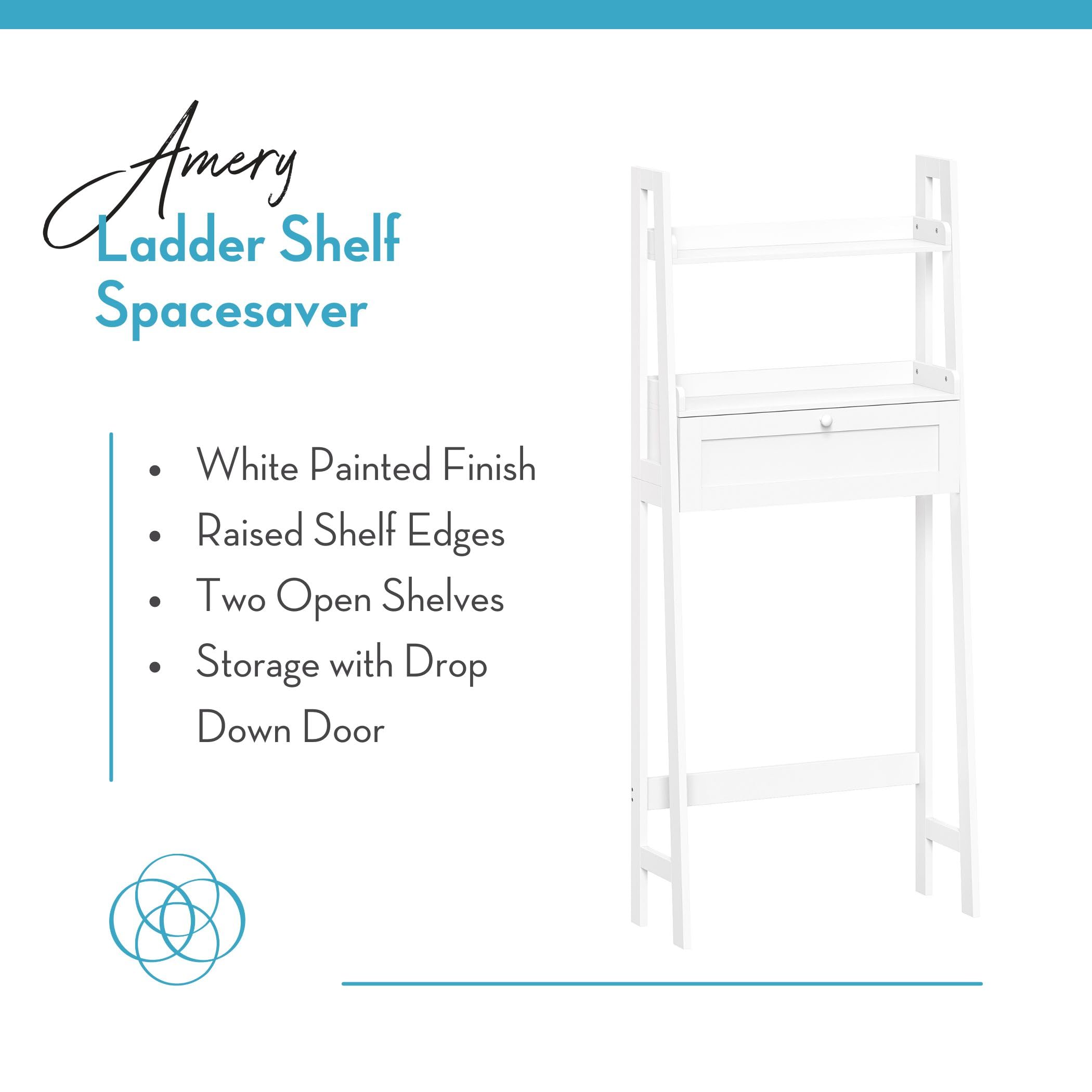 RiverRidge Amery Wall Shelf Over-The-Toilet Storage - 3-Tier Wall Mounted Shelf with Open Shelves and Drop-Down Compartment - White Bathroom Organizer for Toiletries, Linens, and Décor - Image 5