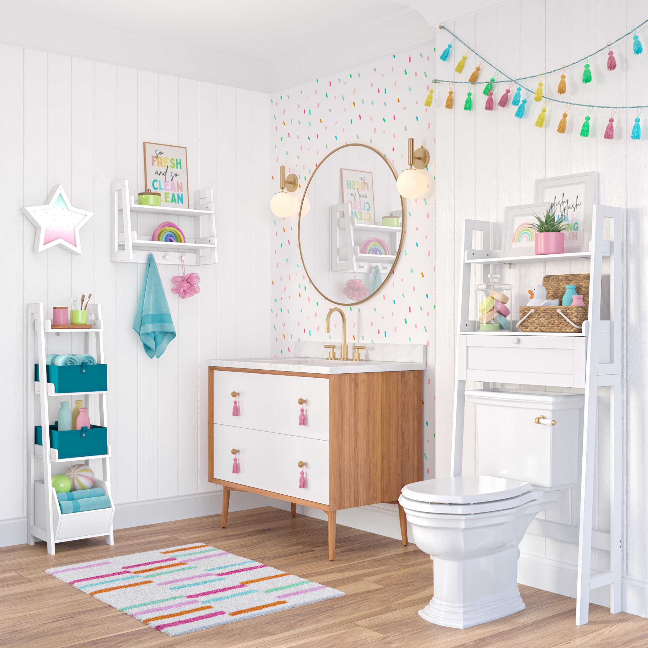 RiverRidge Amery Wall Shelf Over-The-Toilet Storage - 3-Tier Wall Mounted Shelf with Open Shelves and Drop-Down Compartment - White Bathroom Organizer for Toiletries, Linens, and Décor - Image 7