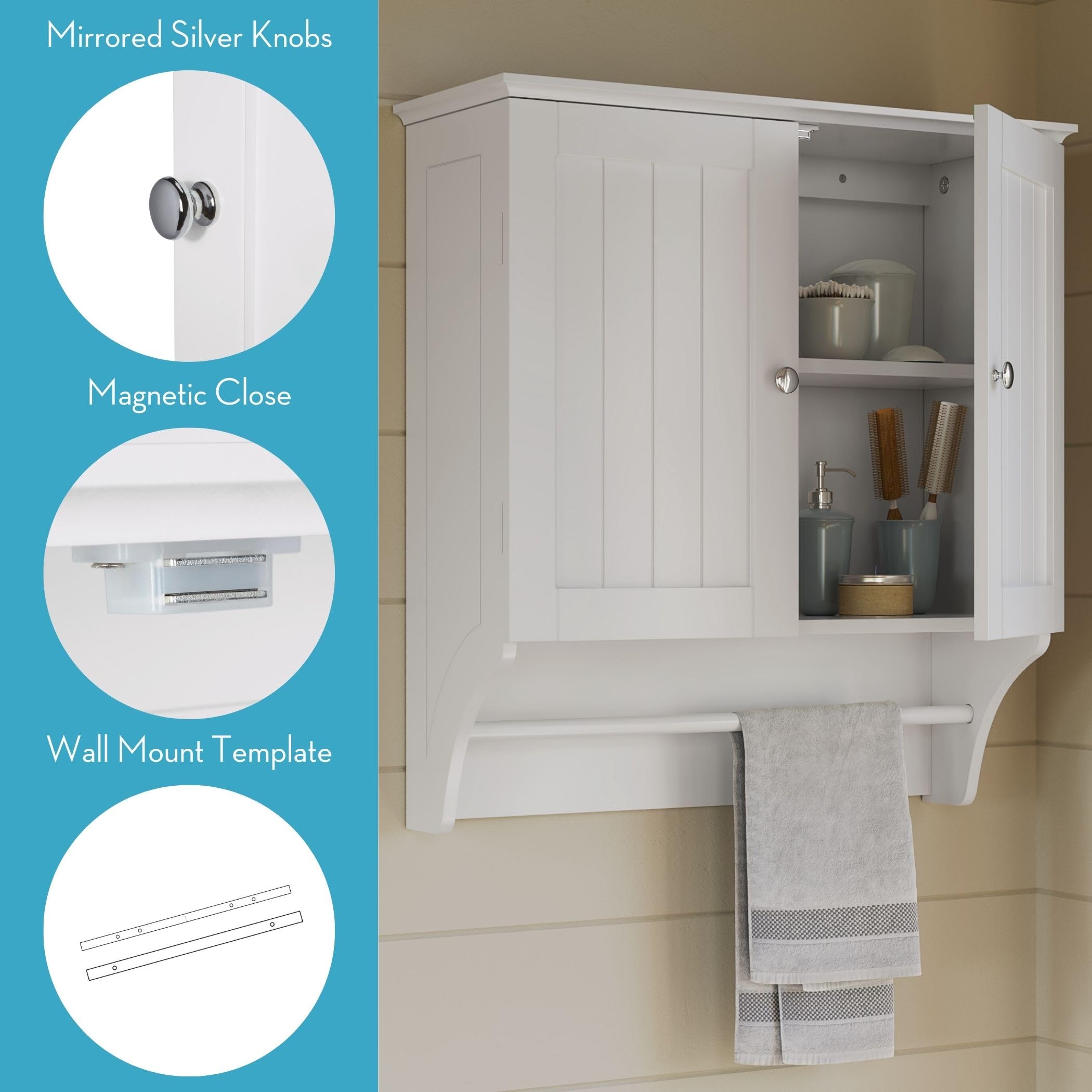 RiverRidge Ashland Two-Door Bathroom Storage Cabinet - White - Wall Mounted Medicine Cabinet Over Toilet Storage With Towel Rail And 2 Fixed Interior Shelves - Image 6