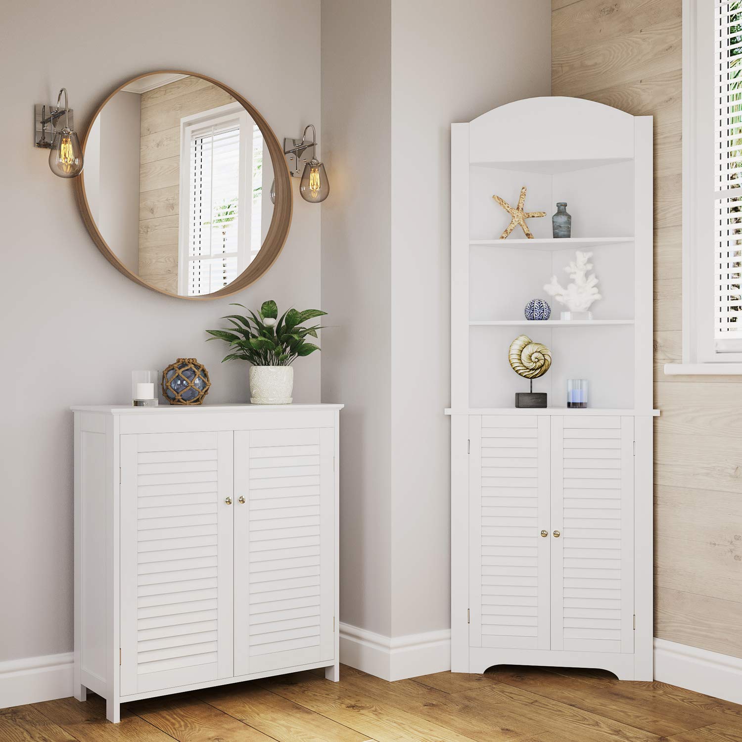 RiverRidge Ellsworth Two-Door Floor Cabinet for Bathroom - Freestanding with Adjustable Shelves and Shutter Design Doors Bathroom or Entryway Storage Solution - Image 4