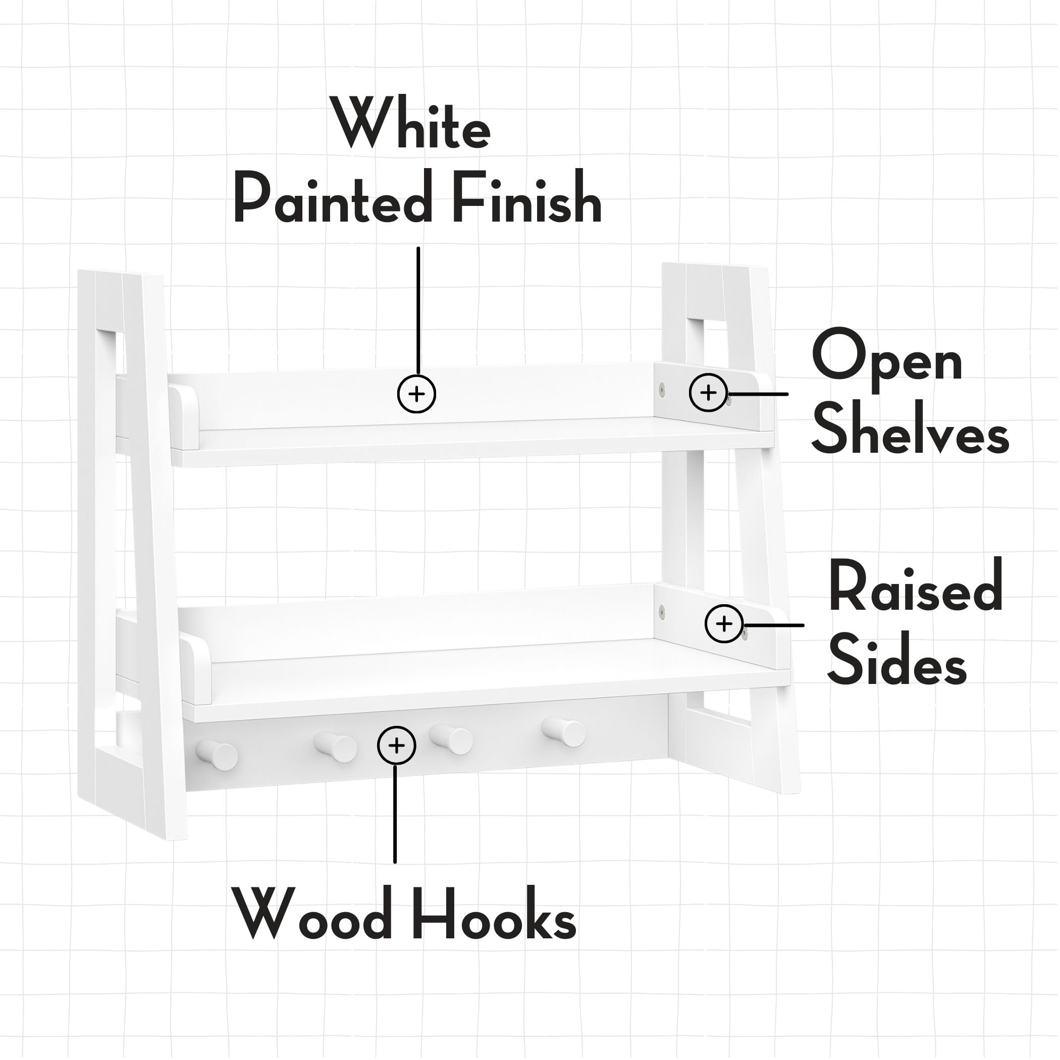 RiverRidge Kids 2-Tier Ladder Shelf with Hooks - White Wall Organizer for Playrooms - Open Shelves for Decor & Storage - Coat Hooks & Wall Hooks for Bags & Accessories - Image 5