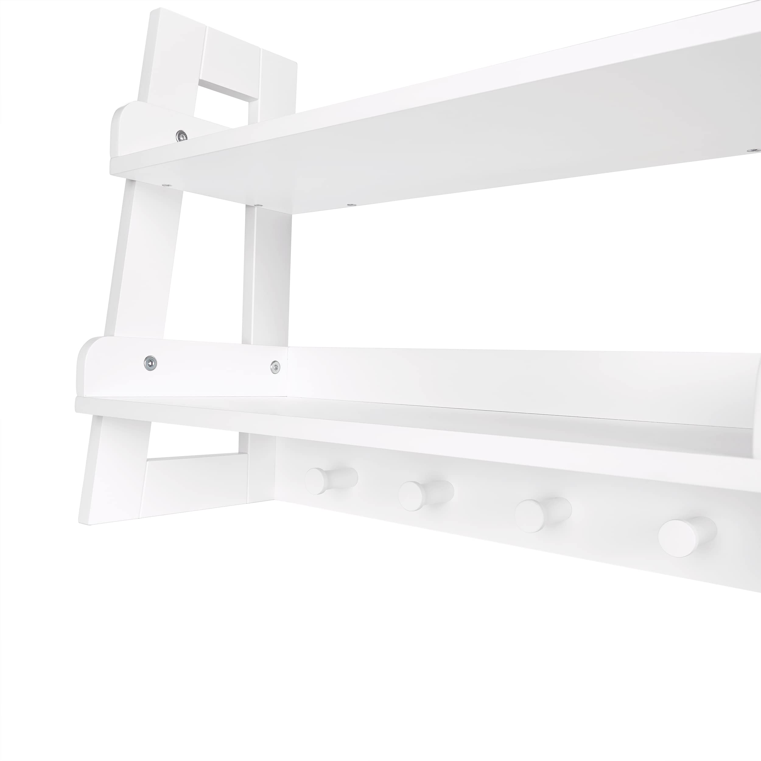 RiverRidge Kids 2-Tier Ladder Shelf with Hooks - White Wall Organizer for Playrooms - Open Shelves for Decor & Storage - Coat Hooks & Wall Hooks for Bags & Accessories - Image 7