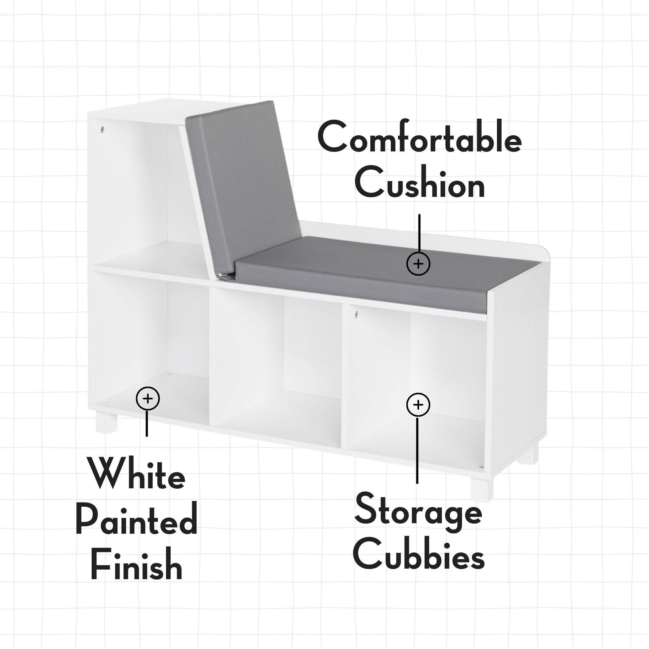 RiverRidge Kids Reading Nook and White Cubby Storage Bench with Comfy Cushioned Seat and Cubbies Toy Organizer, White - Image 5