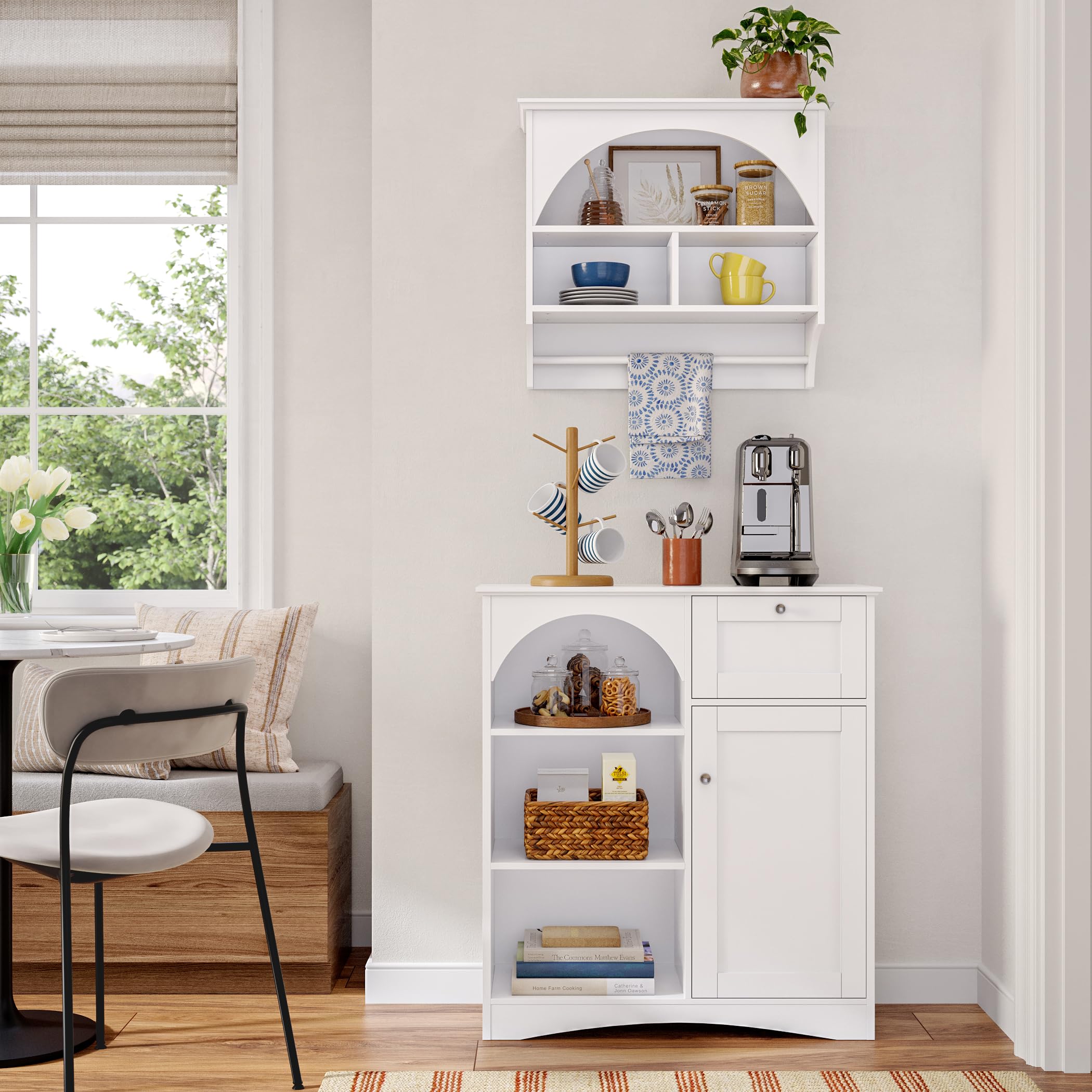 RiverRidge Kitchen Wall Cabinet with Arched Design & Towel Bar - Wall Mounted Storage Cabinet with Display Shelf & Dual Cubbies Kitchen Organization Solution - Image 4