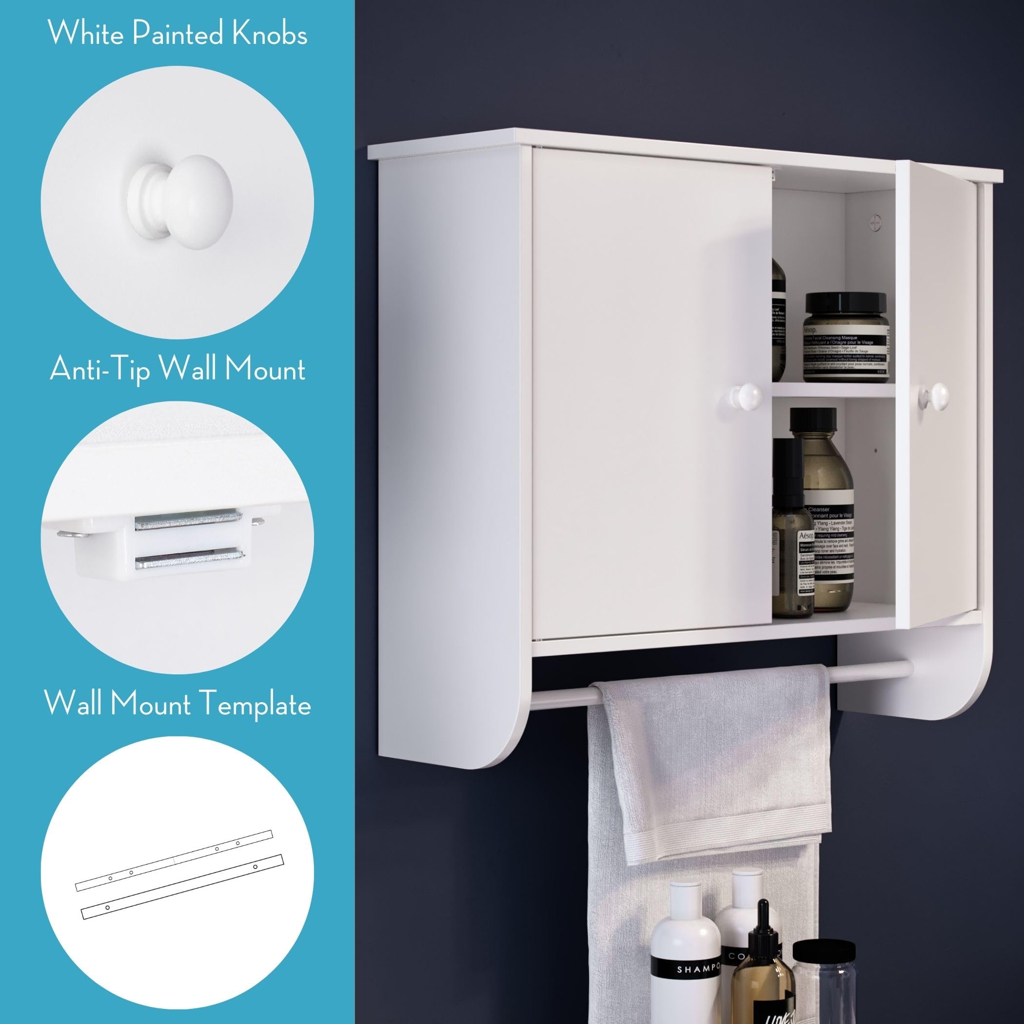 RiverRidge Medford 2 Door Wall Mounted Bathroom Cabinet with Towel Bar and Adjustable Shelf - Compact Bathroom Storage for Toiletries & Essentials - Image 6