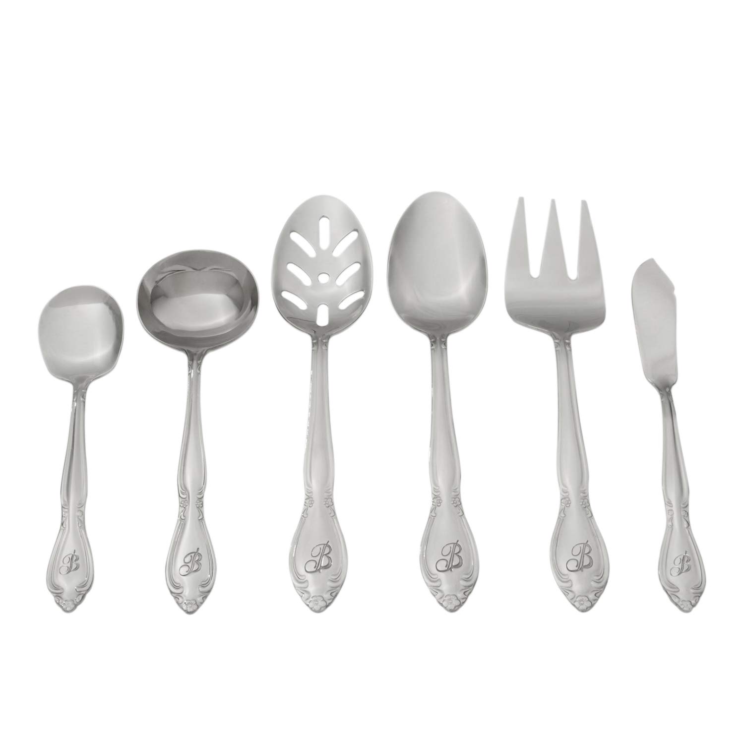 RiverRidge Rose Monogrammed Flatware Set 46 Piece Silverware - B - Utensils Set with Serving Pieces, Heavy Gauge Stainless Steel, Mirror Finish, Dishwasher Safe Cutlery for Daily Use - Image 4