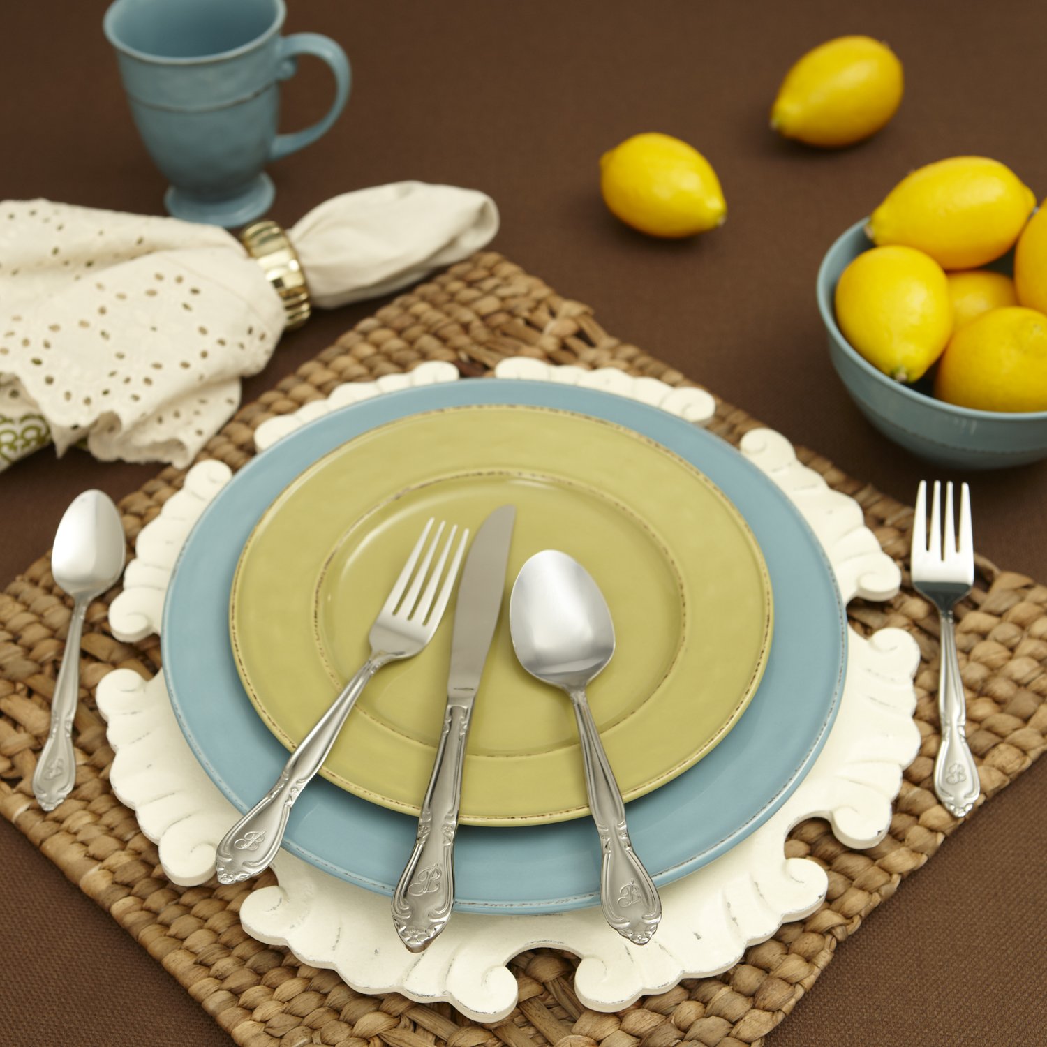 RiverRidge Rose Monogrammed Flatware Set 46 Piece Silverware - B - Utensils Set with Serving Pieces, Heavy Gauge Stainless Steel, Mirror Finish, Dishwasher Safe Cutlery for Daily Use - Image 5