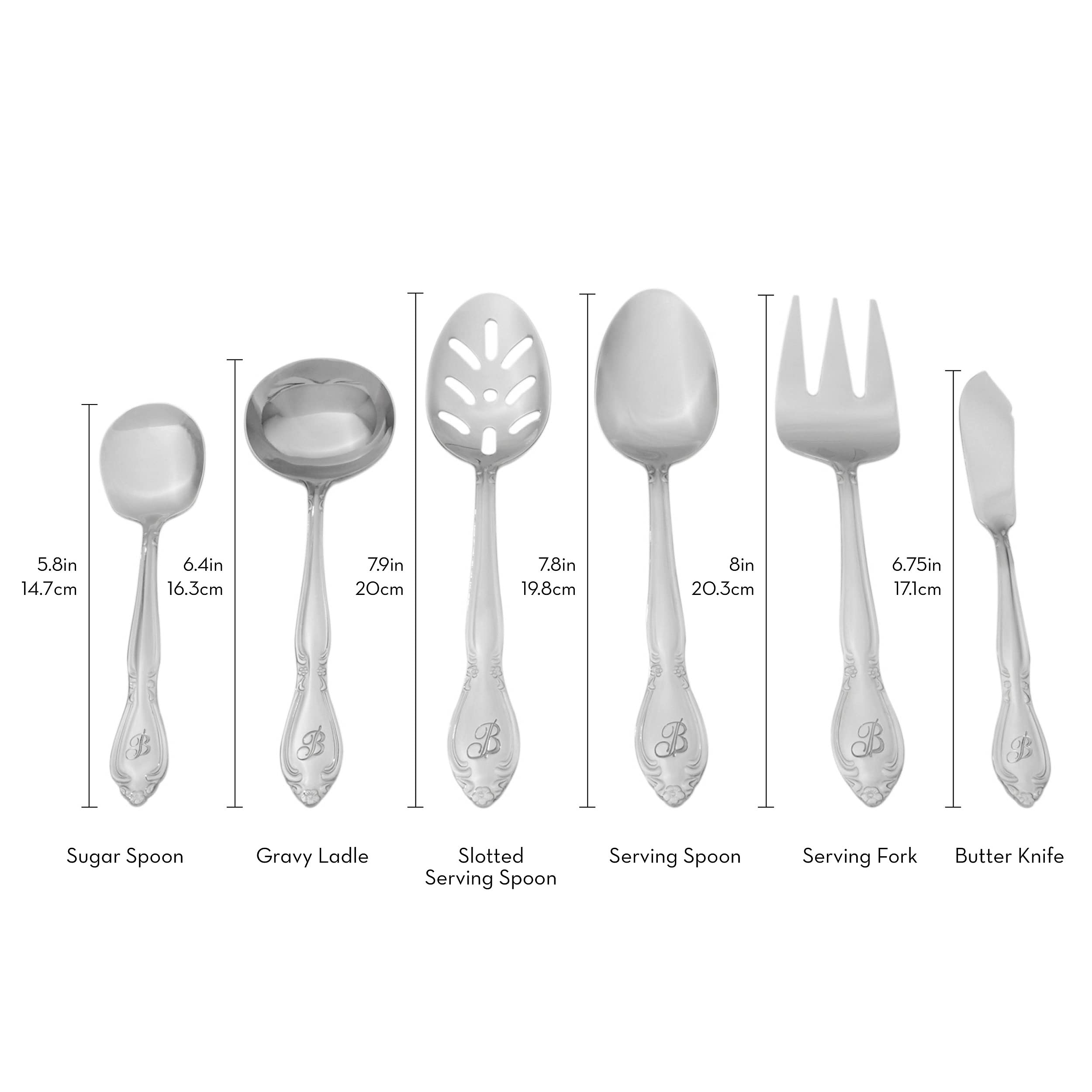 RiverRidge Rose Monogrammed Flatware Set 46 Piece Silverware - B - Utensils Set with Serving Pieces, Heavy Gauge Stainless Steel, Mirror Finish, Dishwasher Safe Cutlery for Daily Use - Image 8