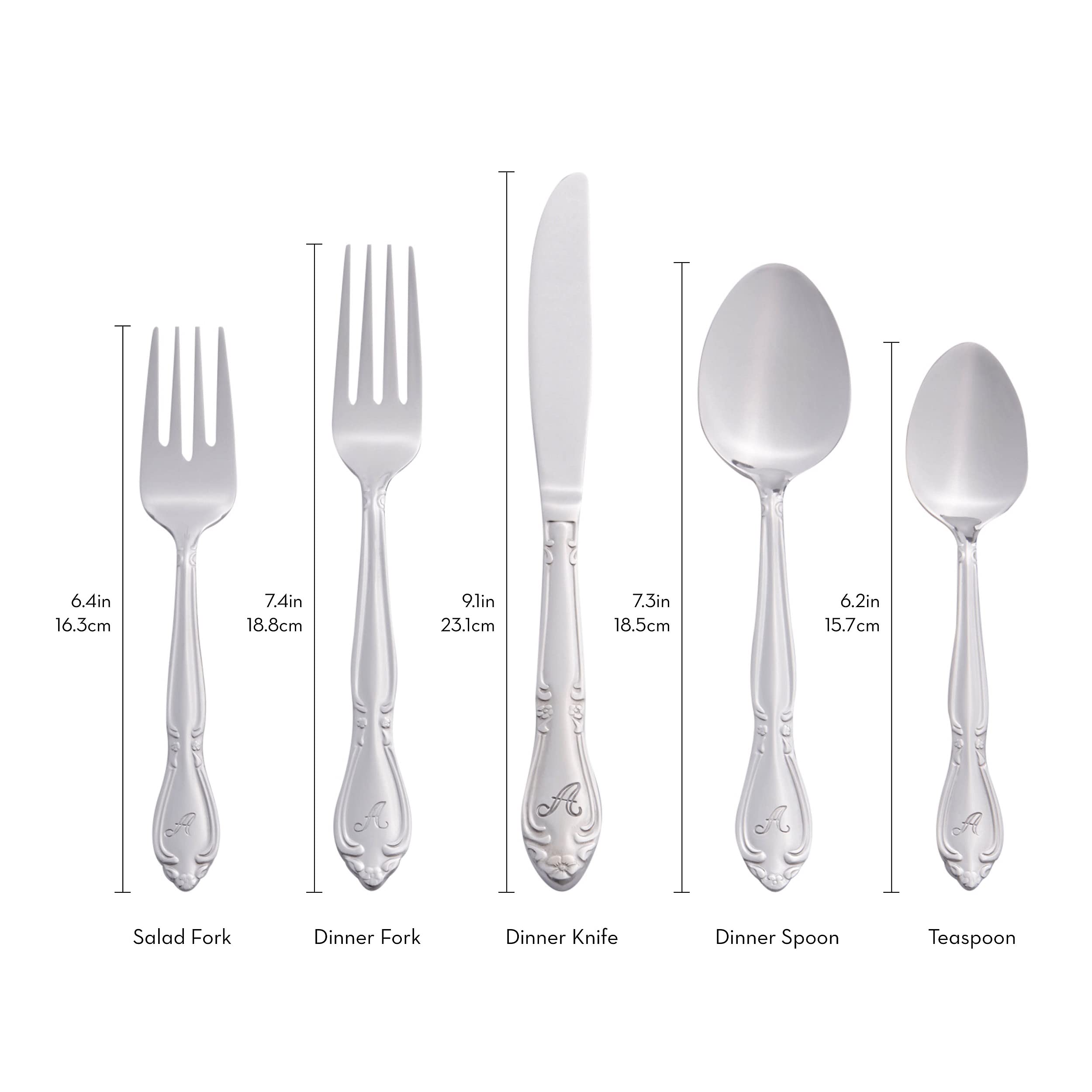 RiverRidge Rose Monogrammed Flatware Set 46 Piece Silverware - B - Utensils Set with Serving Pieces, Heavy Gauge Stainless Steel, Mirror Finish, Dishwasher Safe Cutlery for Daily Use - Image 9