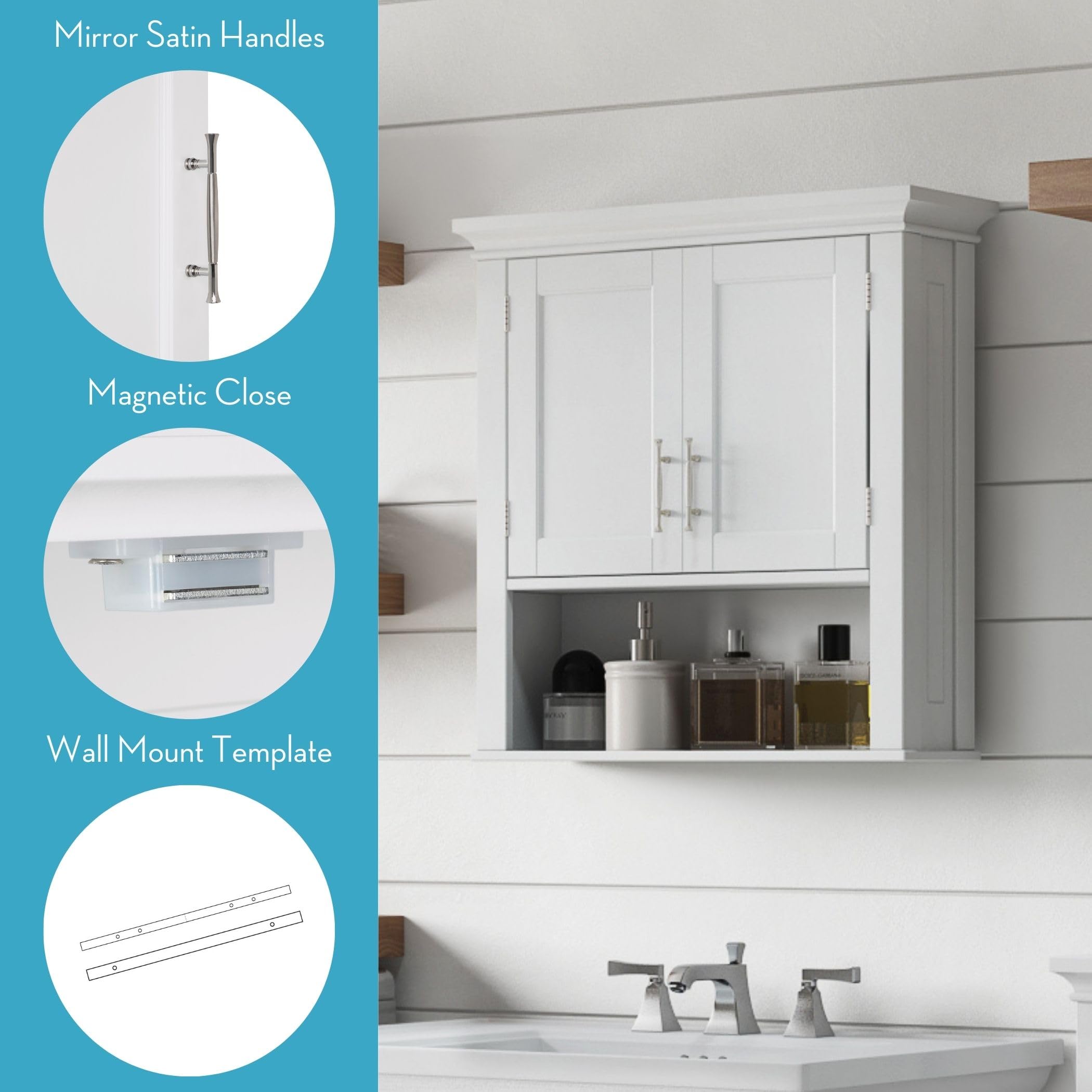 RiverRidge Somerset Two-Door Bathroom and Laundry Wall Mount Storage Medicine Cabinet with Open and Adjustable Shelf - White | Two-Door, Wall Mount, Storage, Open, Adjustable Shelf - Image 6