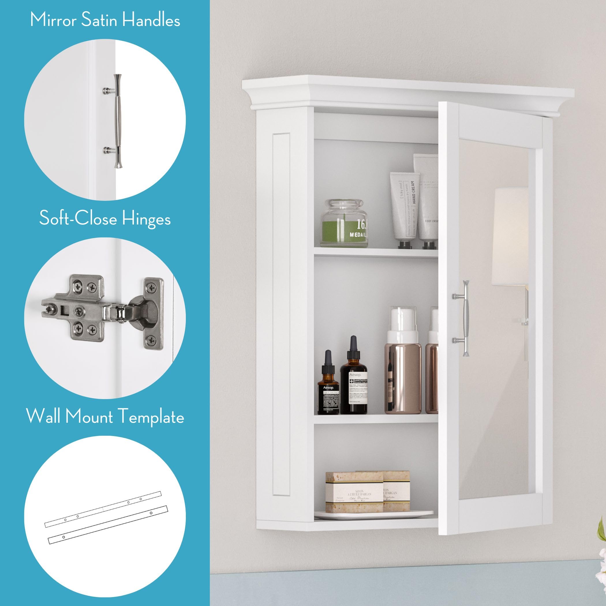 RiverRidge Somerset Wall Cabinet with Mirror Medicine Cabinet with Soft-Close Hinges & Adjustable Shelf Bathroom Mirror with Storage Shelves - Image 6